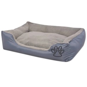 Graues vidaXL Hundebett Größe S mit gepolstertem Kissen und Pfotenabdruck.