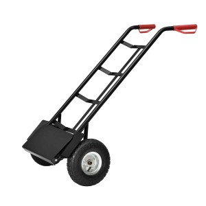 Zusammenklappbare Juskys Sackkarre Basic, schwarz mit roten Griffen und Lufträdern.