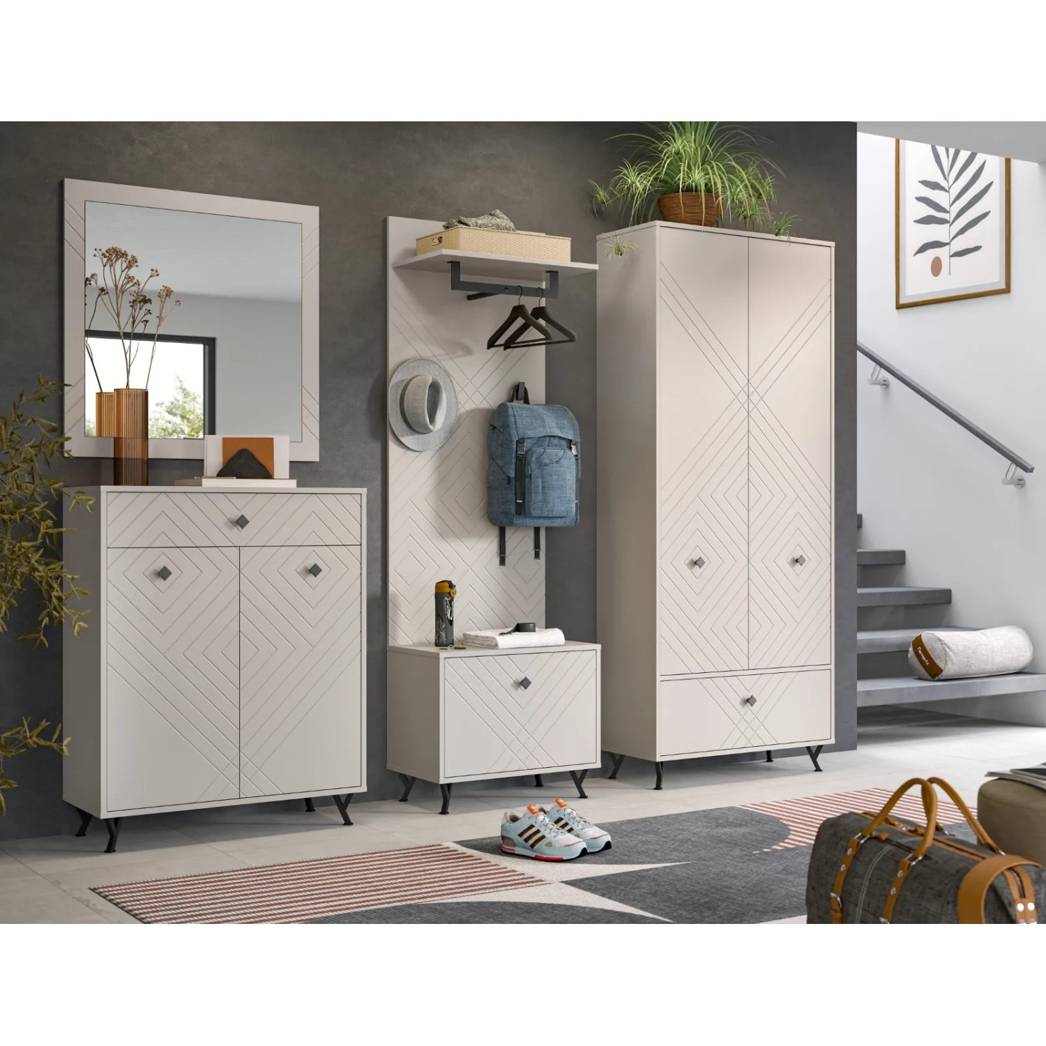 Inn.Furn Schuhschrank Apunti, sandfarben matt, 80 cm breit, mit gefrästen Fronten, 2 Türen, Schublade, schwarzen Metallgriffen & Füßen.