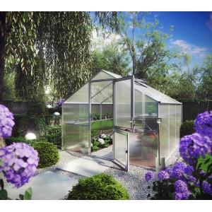 KGT Gewächshaus Orchidee Alu blank, 9,59 m², mit geöffneter Tür im Garten.