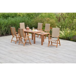 Merxx Capri Gartenmöbel-Set, 7-teilig: Ausziehbarer Gartentisch und 6 Klappsessel aus Akazienholz und Kunststoffgeflecht.