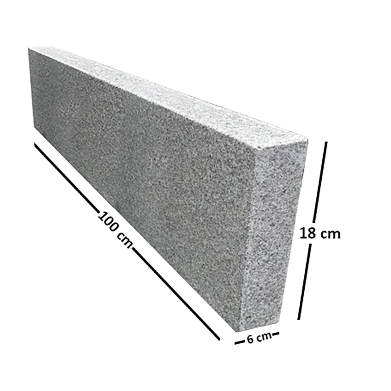 Grauer Granit Randstein, geflammt, 6x18x100 cm, zur Wegeinfassung im Garten.
