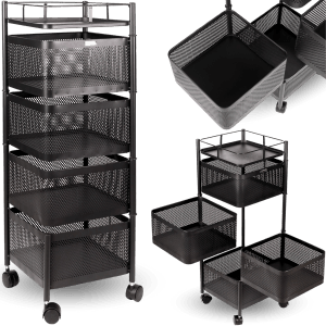 deluxe4home Rollwagen mit 4 schwenkbaren Ebenen, Bad-Standregal aus Metall, schwarz.