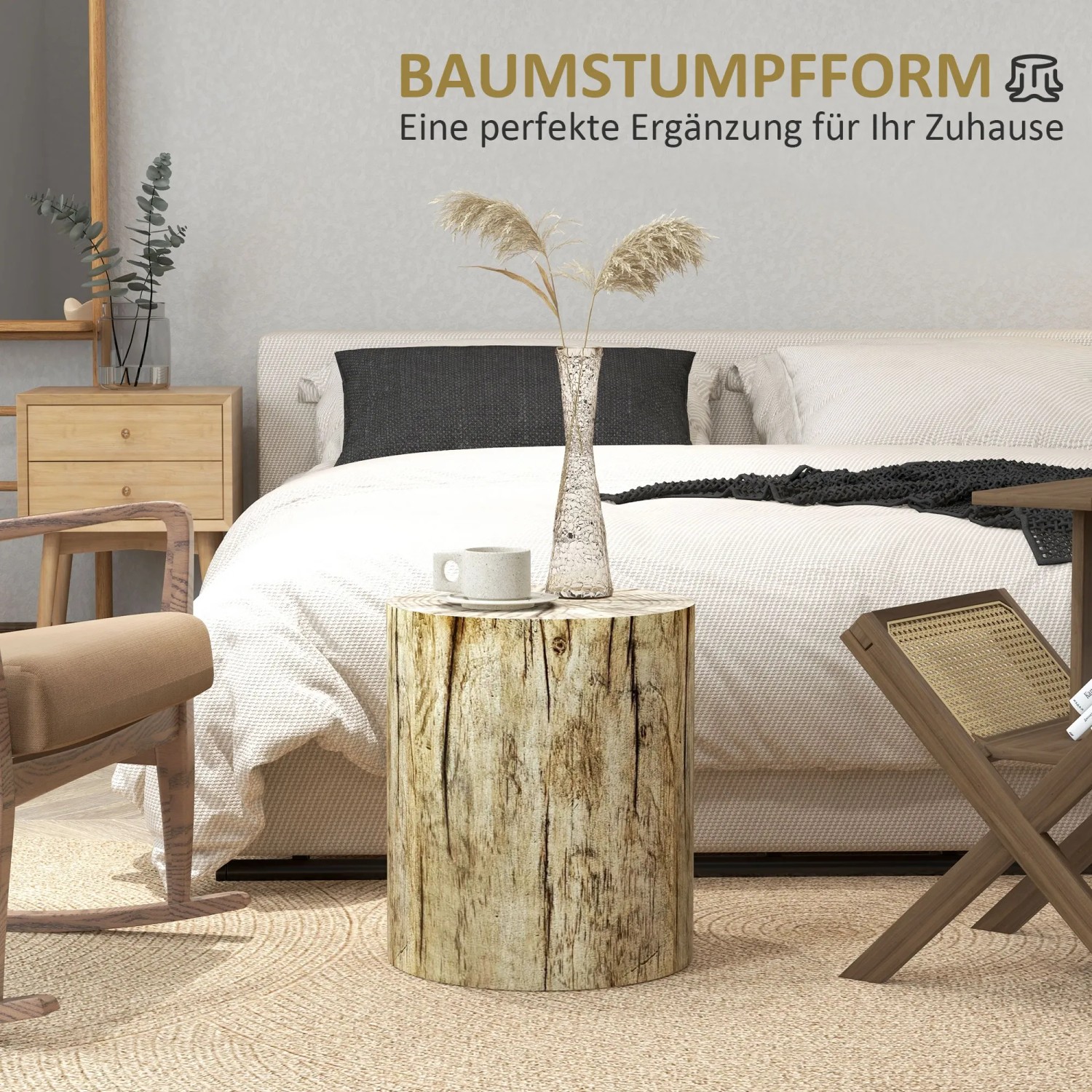 Runder HOMCOM Beistelltisch im Baumstumpf-Design aus Beton, geeignet für Wohnzimmer und Garten.