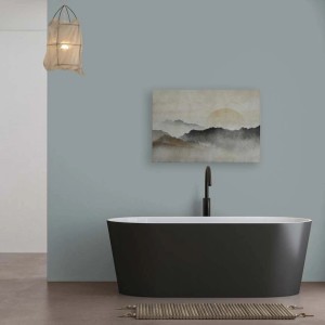 Wandbild Sonnenaufgang im Vintage-Stil mit japanischer Landschaft, 90x60 cm.