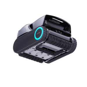 Aiper Scuba X1 Pro Max Roboter-Poolreiniger, schwarz-grau, mit blauer Leuchte und robusten Raupen für Poolreinigung.