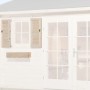 Weka Fensterladen und Blumenkasten aus Holz, naturbelassen, zur Montage an einem Gartenhaus.