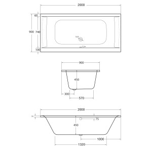 Technische Zeichnung der weißen Ottofond Badewanne Rosa, 200x90 cm, mit Maßangaben.
