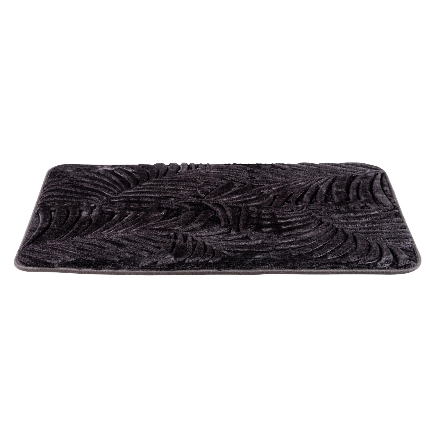 Grauer Wenko Badteppich Memory Foam Leaves, 50x80 cm, mit Palmenblatt-Design.