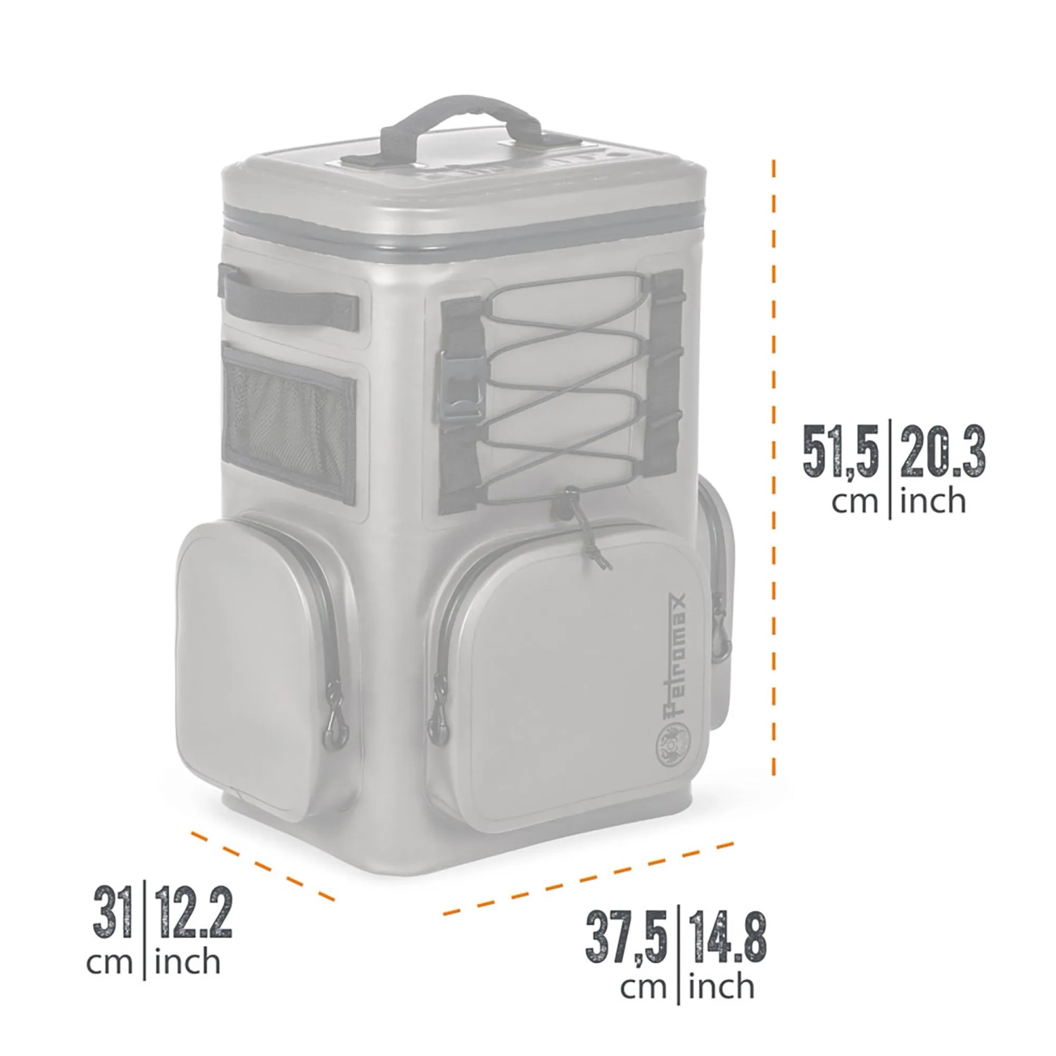Petromax Kühlrucksack 7 l, grau, mit Fächern und Tragegriffen. Ideal für Outdoor-Aktivitäten.
