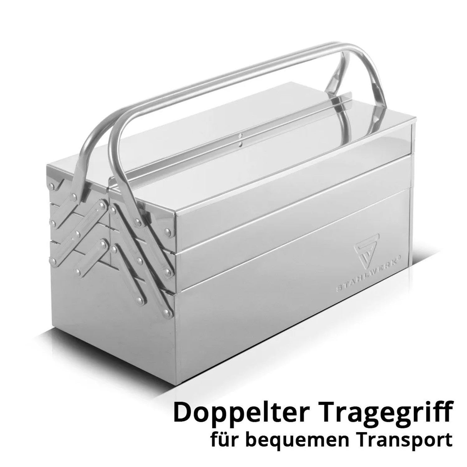 STAHLWERK Werkzeugkasten aus Edelstahl mit 5 Fächern. Werkzeugbox für Werkstattwagen.
