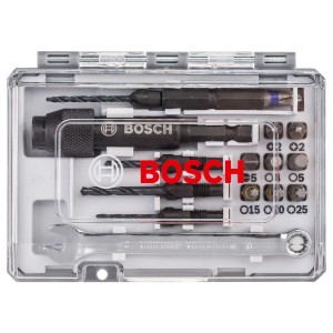 Bosch Extra Hard Set, 20-teilig: Bitset mit HSS-Bohrern, Schrauberbits, Werkzeughalter und Schraubenschlüssel im Koffer.