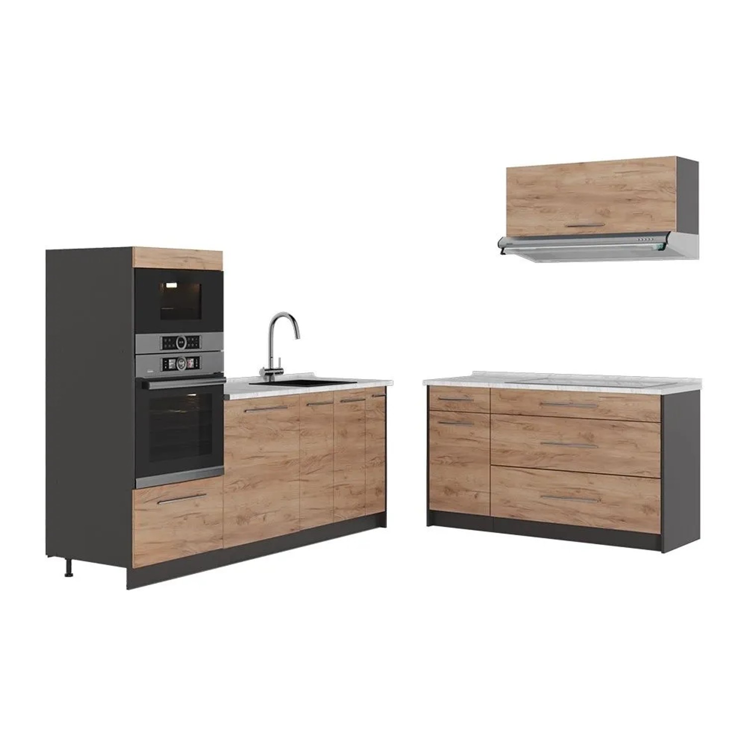 Vicco Küchenzeile Fame-Line Goldkraft Eiche/Anthrazit 340 x 154 AP Marmor Art Nr 63863