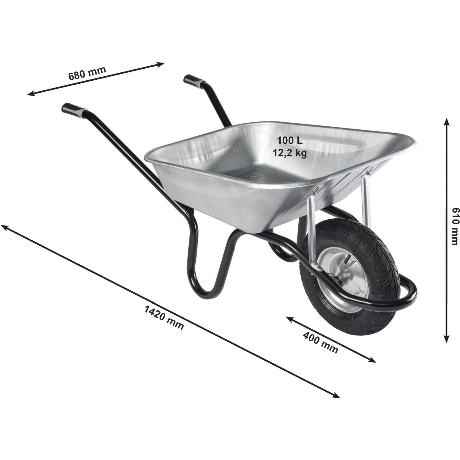 Haemmerlin Einrad-Schubkarre, verzinkte Mulde, 100 l Volumen, 200 kg Traglast, Luftrad.
