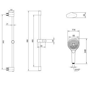 Technische Zeichnung: Villeroy & Boch Duschgarnitur Verve Showers, Matt Black, mit Maßen für Montage.