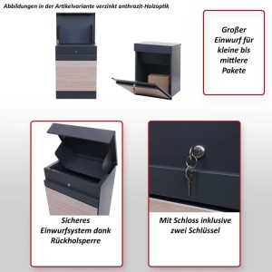 MCW Paketkasten K41, verzinkt, anthrazit mit Holzoptik-Front. Sicherer Einwurf, Schloss mit Schlüsseln, Paket.