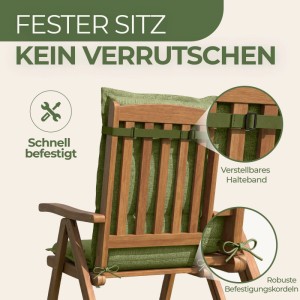 Grüne Florence Hochlehner Auflage auf Holzstuhl. Verstellbares Halteband & Kordeln sichern die Gartenstuhlauflage gegen Verrutschen.
