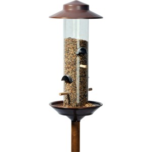 Dobar Stab-Vogelfutterspender aus Kupfer mit Ständer, gefüllt mit Vogelfutter.