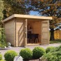 Unbehandeltes Karibu Holz-Gartenhaus Ängelholm mit Pultdach, 280x220 cm, im Garten.