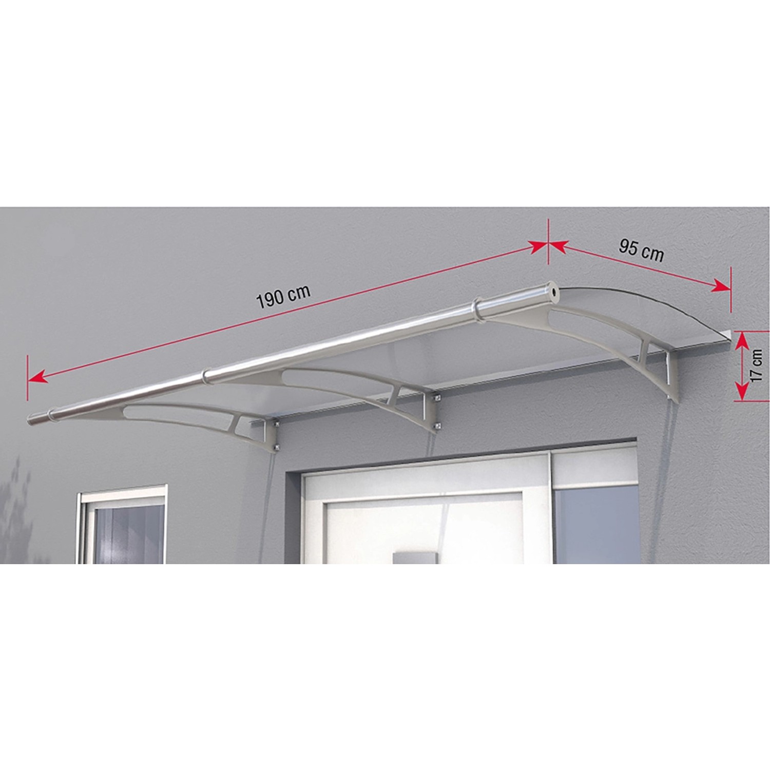 Pultvordach Edelstahl/Weiß, 17x190x95cm, mit satinierter Acrylglasabdeckung für Hauseingänge.