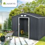 Anthrazitfarbener Juskys Metall Geräteschuppen XL mit Satteldach im Garten.