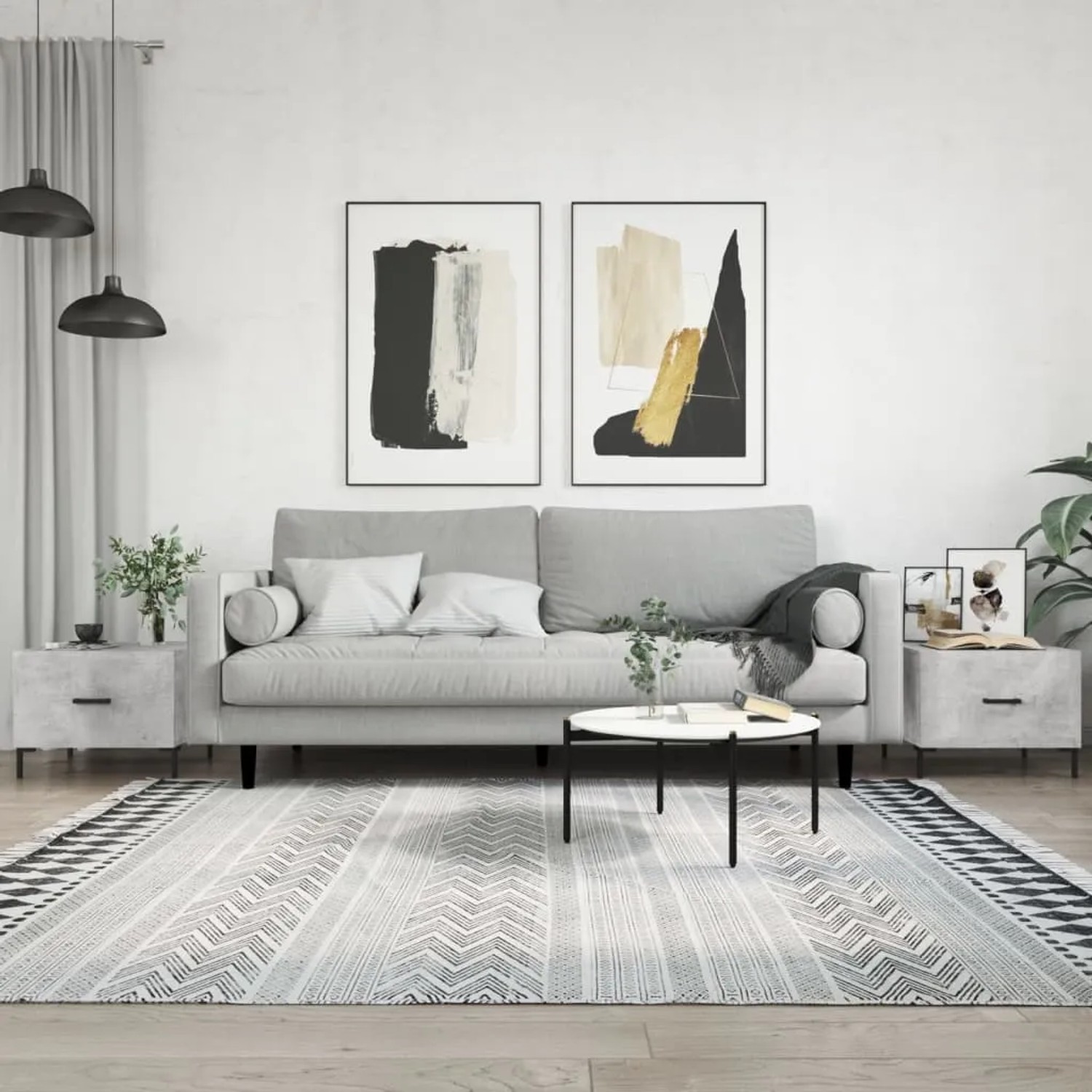 Set aus 2 grauen Couchtischen (50x50x40 cm) im Wohnzimmer.