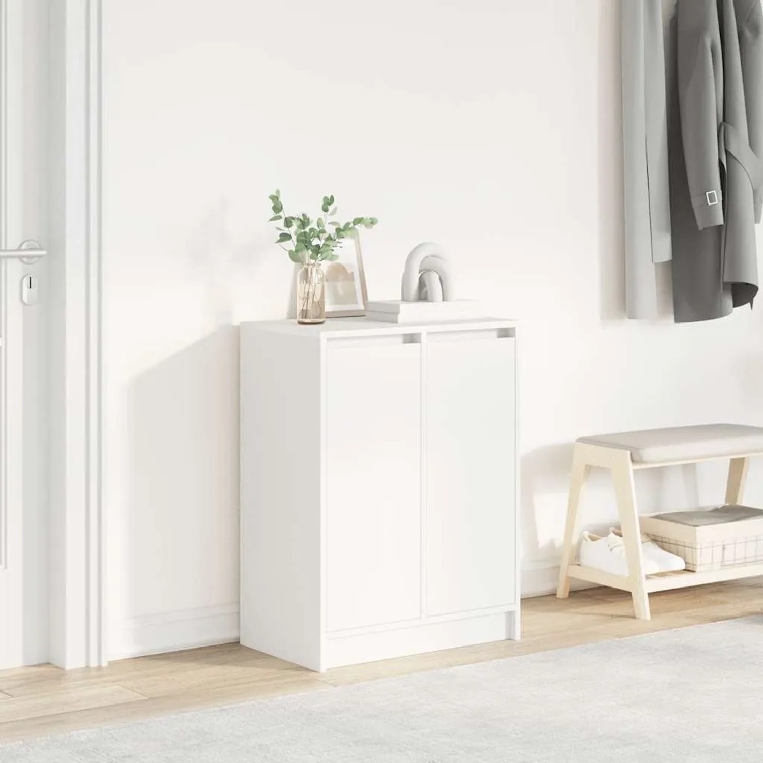 Weißer vidaXL Schuhschrank (57x34x76 cm) aus Holzwerkstoff mit zwei Türen.