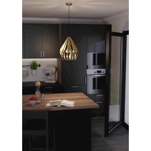 Goldene Eglo Hängeleuchte Carlton, 1-flammig, Ø 31 cm, im modernen Küchendesign.