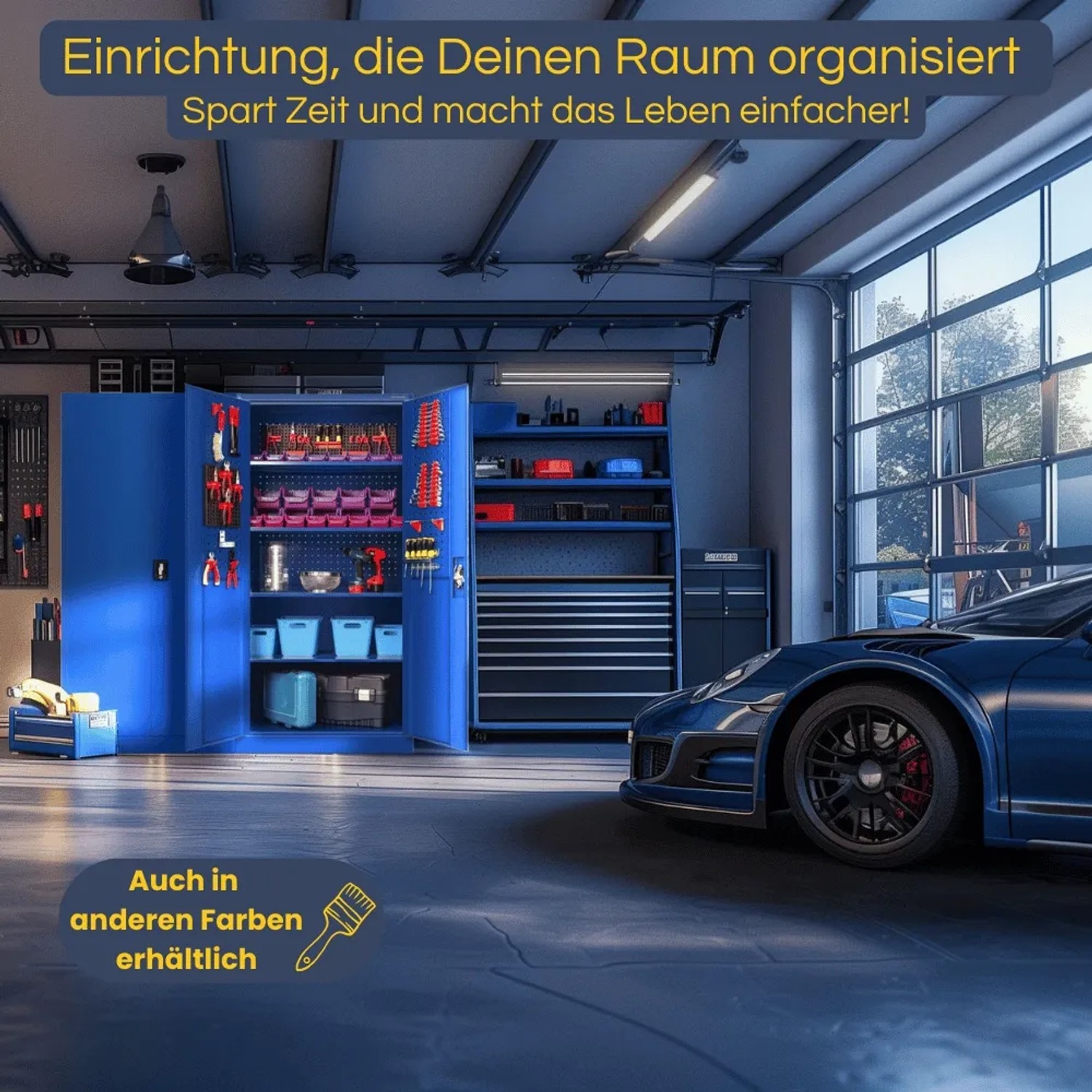 Blauer JAN NOWAK Werkzeugschrank BRUNO mit Lochwand in Werkstatt mit Werkzeug und Auto.