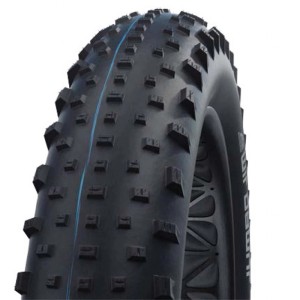 Schwarzer Schwalbe Jumbo Jim FatBike Reifen mit grobem Stollenprofil und blauer Mittellinie für optimalen Grip im Gelände.