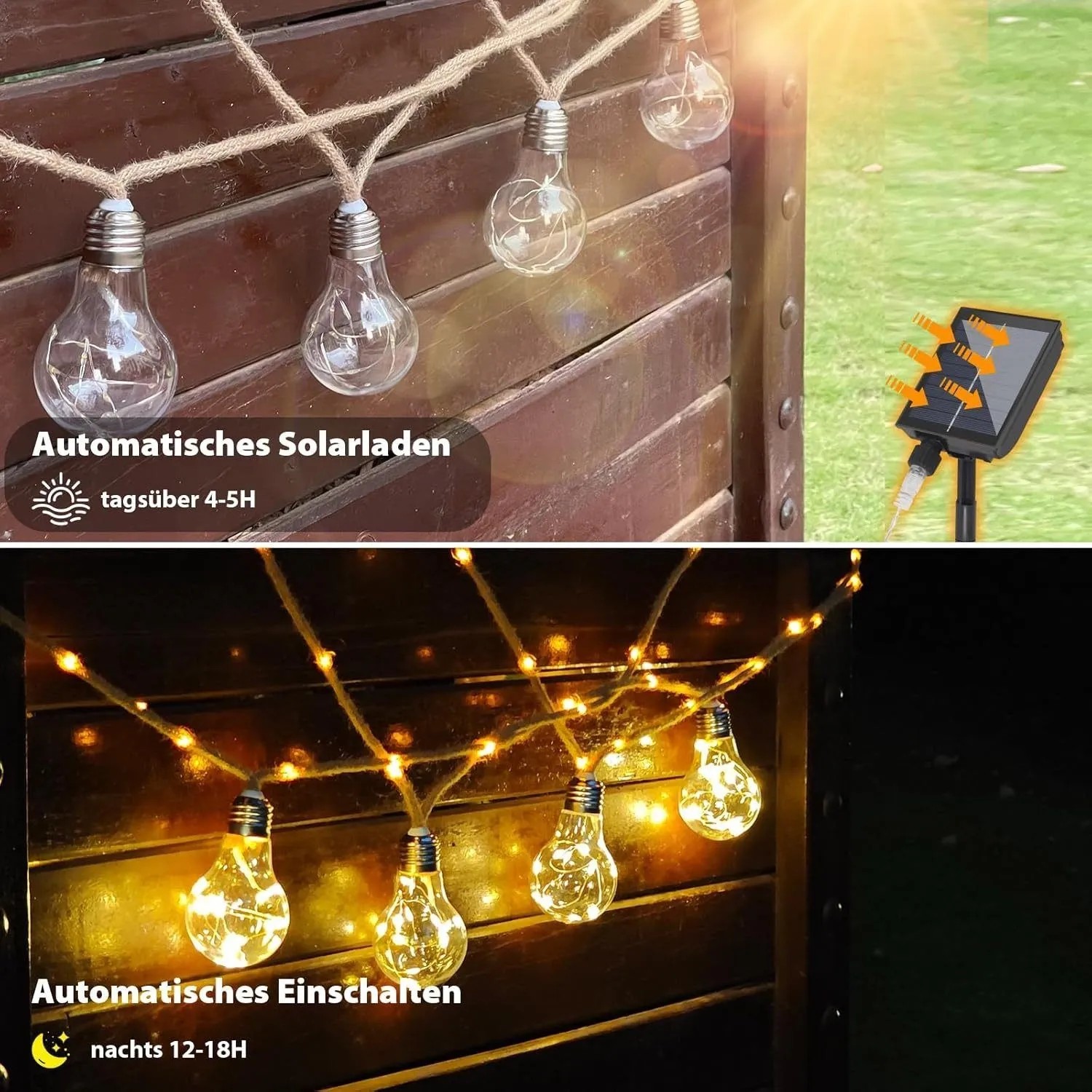 Salcar LED Solar-Lichterkette mit Hanfseil und warmweißen Glühbirnen, lädt tagsüber, leuchtet nachts für den Außenbereich.