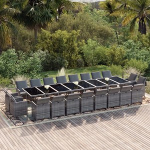 Graue vidaXL 21-tlg. Garten Essgruppe aus Poly Rattan mit Tisch und Stühlen mit Kissen.