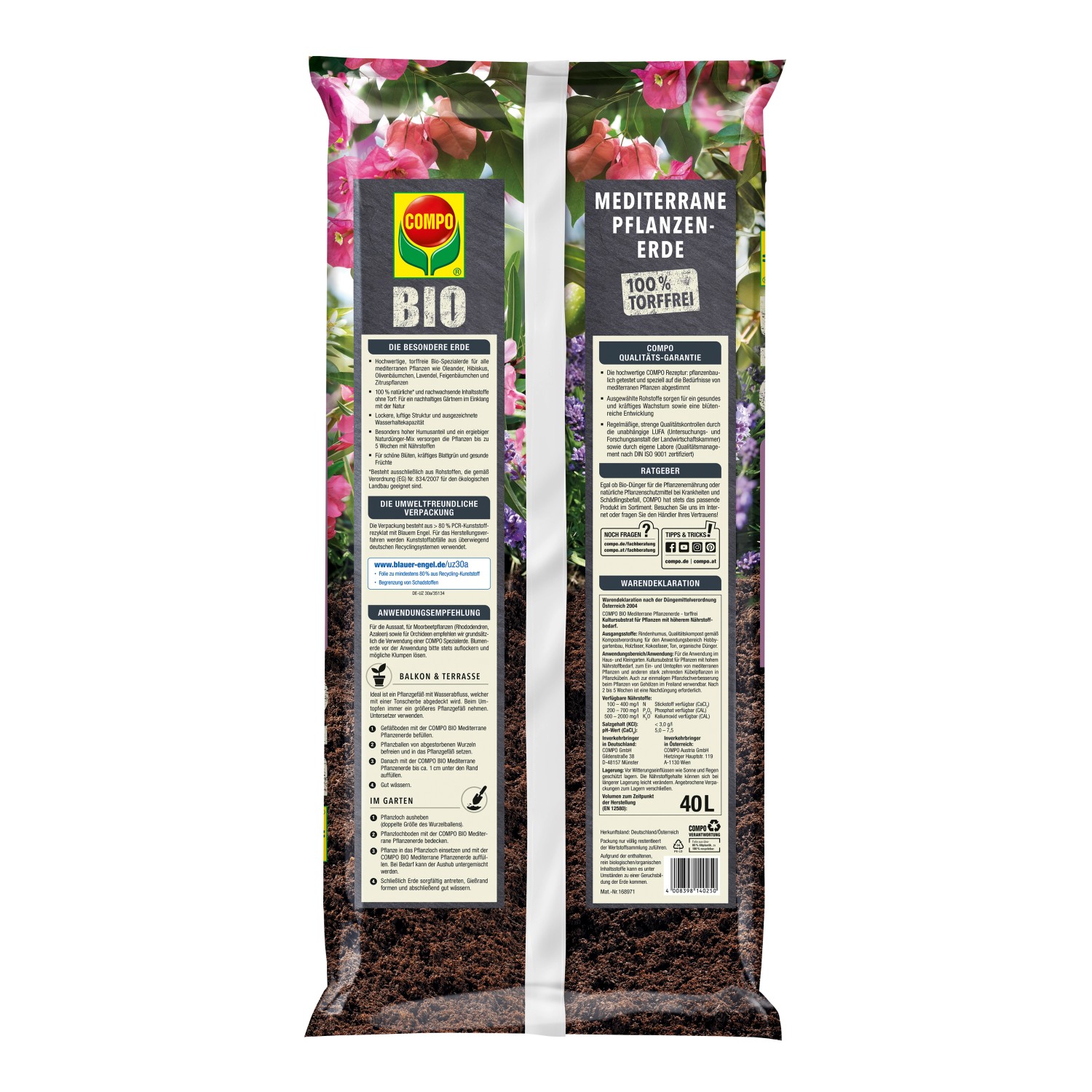 Compo Bio Mediterrane Pflanzenerde, torffrei, 40 l Sack für Kübelpflanzen.