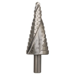 Bosch Stufenbohrer HSS-TiN, Ø 4-30 mm für Metall. Stufenweise Bohrlöcher in verschiedenen Größen.