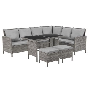 Graues Svita Madison Rattan-Lounge Ecksofa Gartenmöbel-Set mit Tisch, schwarzer Glasplatte, zwei Hockern und Kissen.