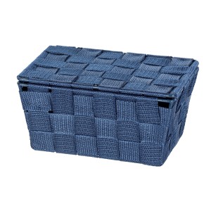 Dunkelblauer Wenko Aufbewahrungskorb Adria mit Deckel, geflochtene Optik, 19x10x14 cm.