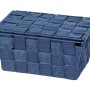 Dunkelblauer Wenko Aufbewahrungskorb Adria mit Deckel, geflochtene Optik, 19x10x14 cm.