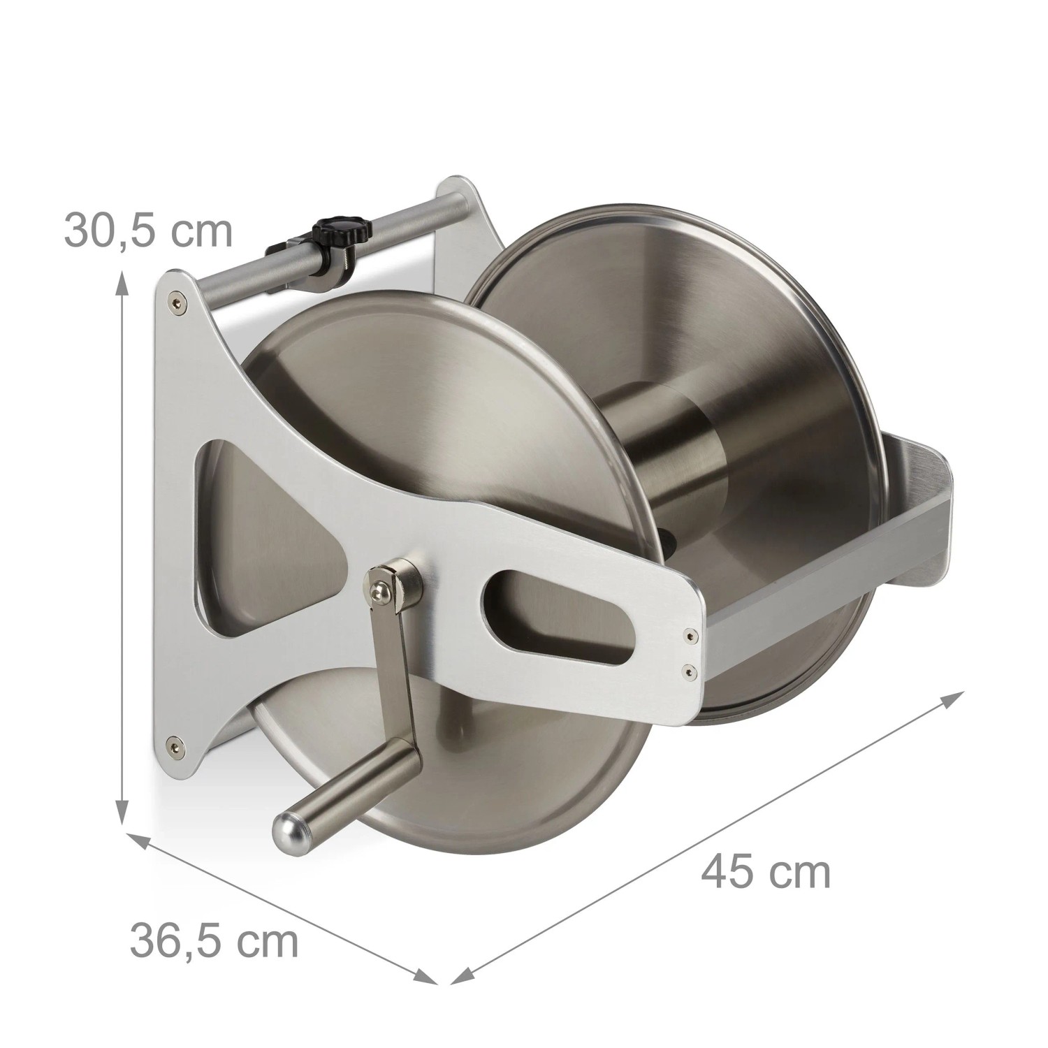 Relaxdays Schlauchtrommel Edelstahl Aluminium Silber Freistehend Wandmontage mit Kurbel 30,5 cm x 45 cm x 36,5 cm 3,6 kg_4