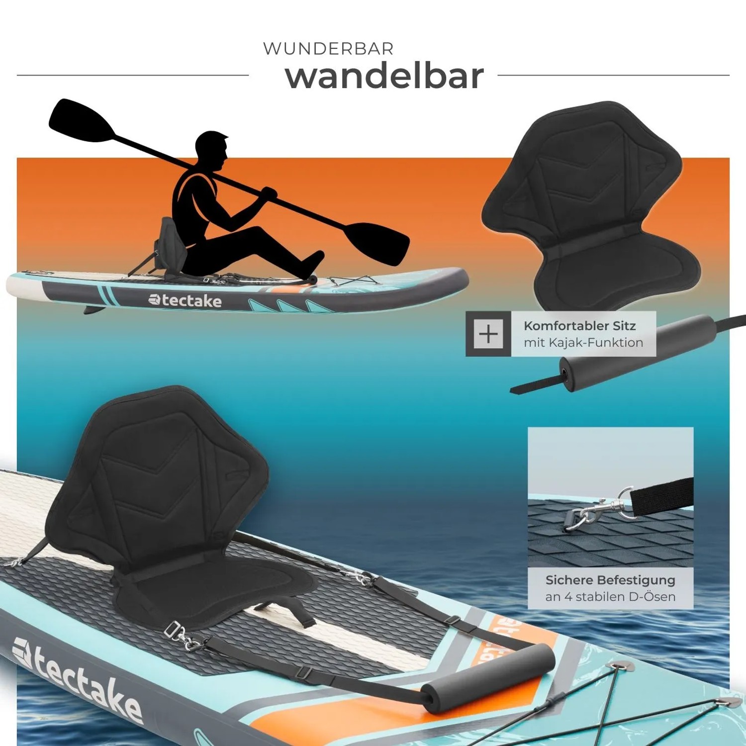 Tectake Stand Up Paddle Board 2in1, aufblasbar, mit Kajak-Sitz und Paddel.