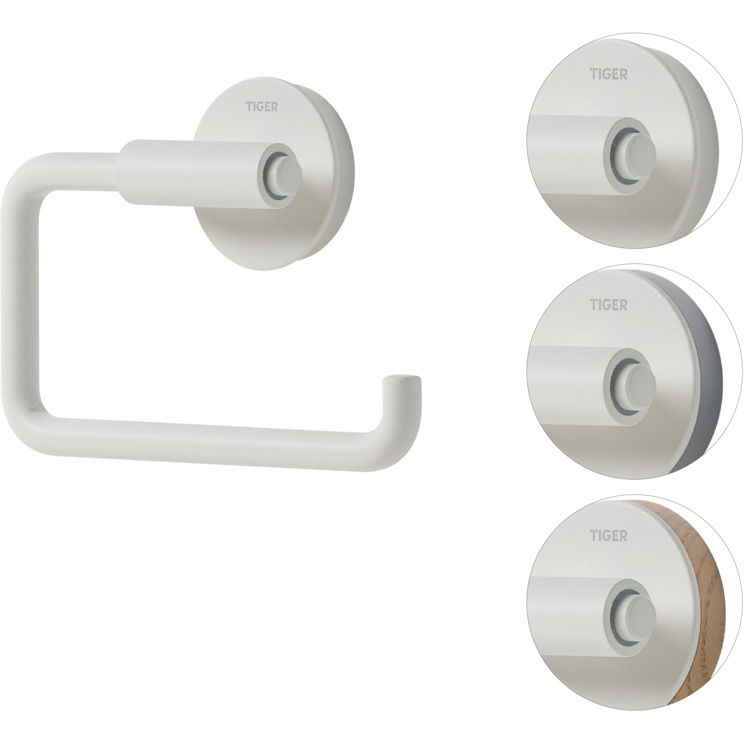 Tiger Toilettenpapierhalter Urban Weiß, schwenkbar mit Dekor-Ringen in Grau und Holzoptik.