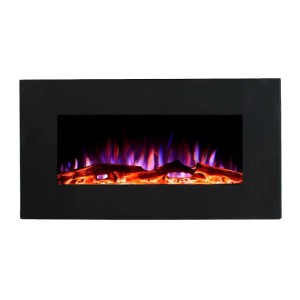 Schwarzer Vente-unique Elektrokamin Chandela mit realistischen LED-Flammen und Holzscheiten, 84 cm breit.