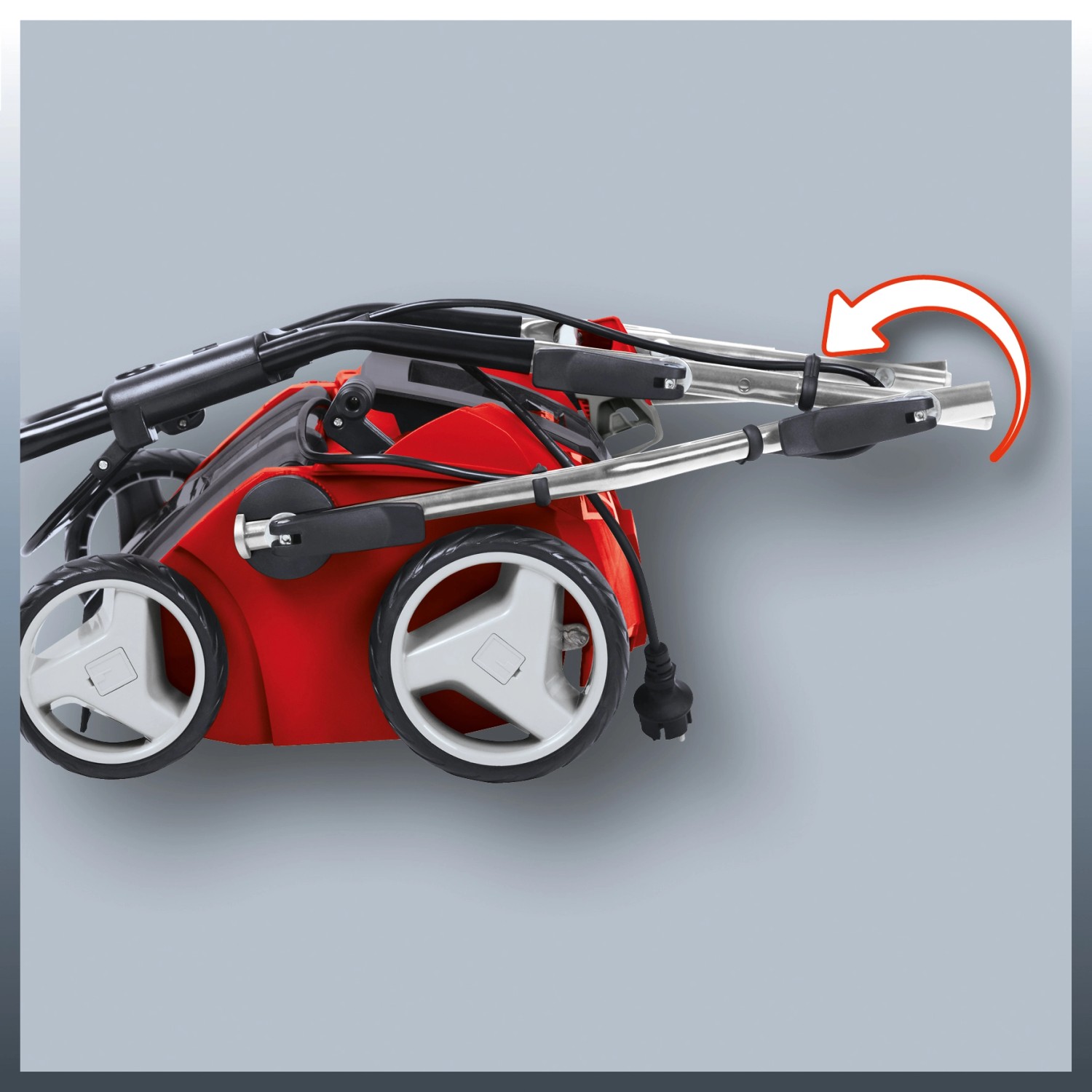 Zusammengeklappter Einhell Elektro-Vertikutierer GE-SA 1640 zur platzsparenden Aufbewahrung.