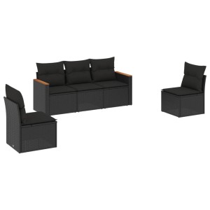 Schwarze 5-tlg. vidaXL Garten-Sofagarnitur aus Poly Rattan mit Kissen.