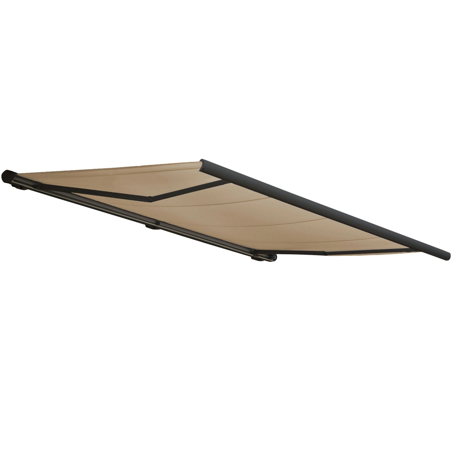 Elektrische Kassettenmarkise, 4,5x3m, creme, mit anthrazitfarbenem Rahmen. Vollkassettenmarkise.