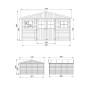 Technische Zeichnung: Timbela Gartenhaus M330+M330G mit Maßen und Ansichten.