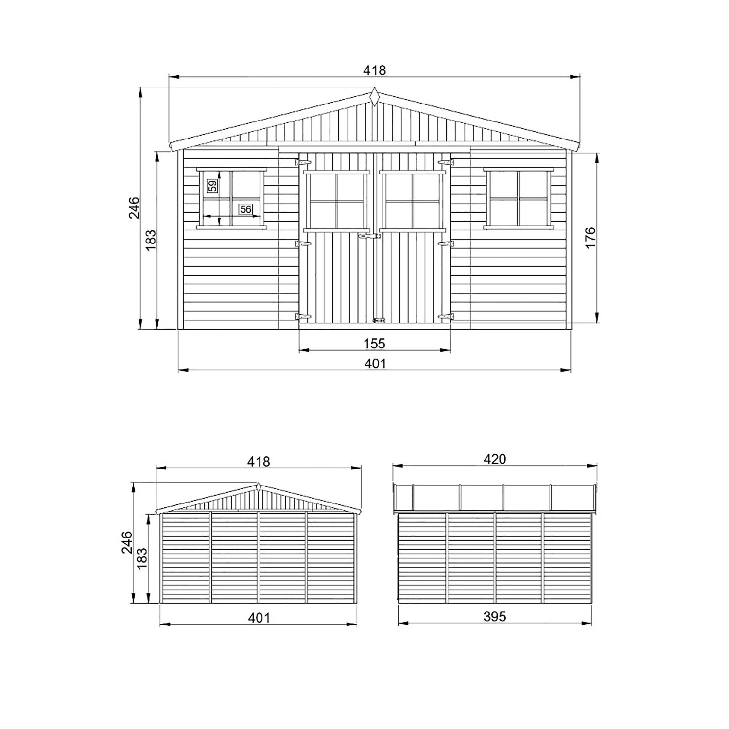 Technische Zeichnung: Timbela Gartenhaus M330+M330G mit Maßen und Ansichten.