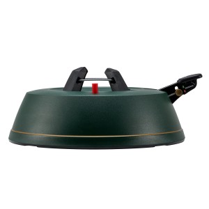 Krinner Comfort Grip+ M Christbaumständer in Grün mit goldenem Zierstreifen und schwarzer Mechanik.