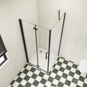 Eckige Duschkabine 80x90cm mit Falttür und schwarzem Rahmen. Nano Glas Dusche.