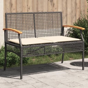Schwarze vidaXL Gartenbank aus Rattan mit Kissen und Akazienholz-Armlehnen.