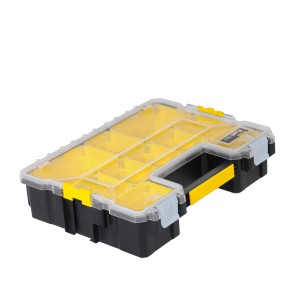 Stanley FatMax Profi-Organizer mit transparentem Deckel und gelben Fächern für Kleinteile.